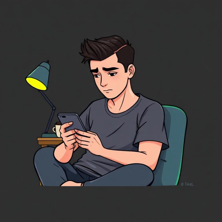 Alex avachi, en train de scroller sur son téléphone